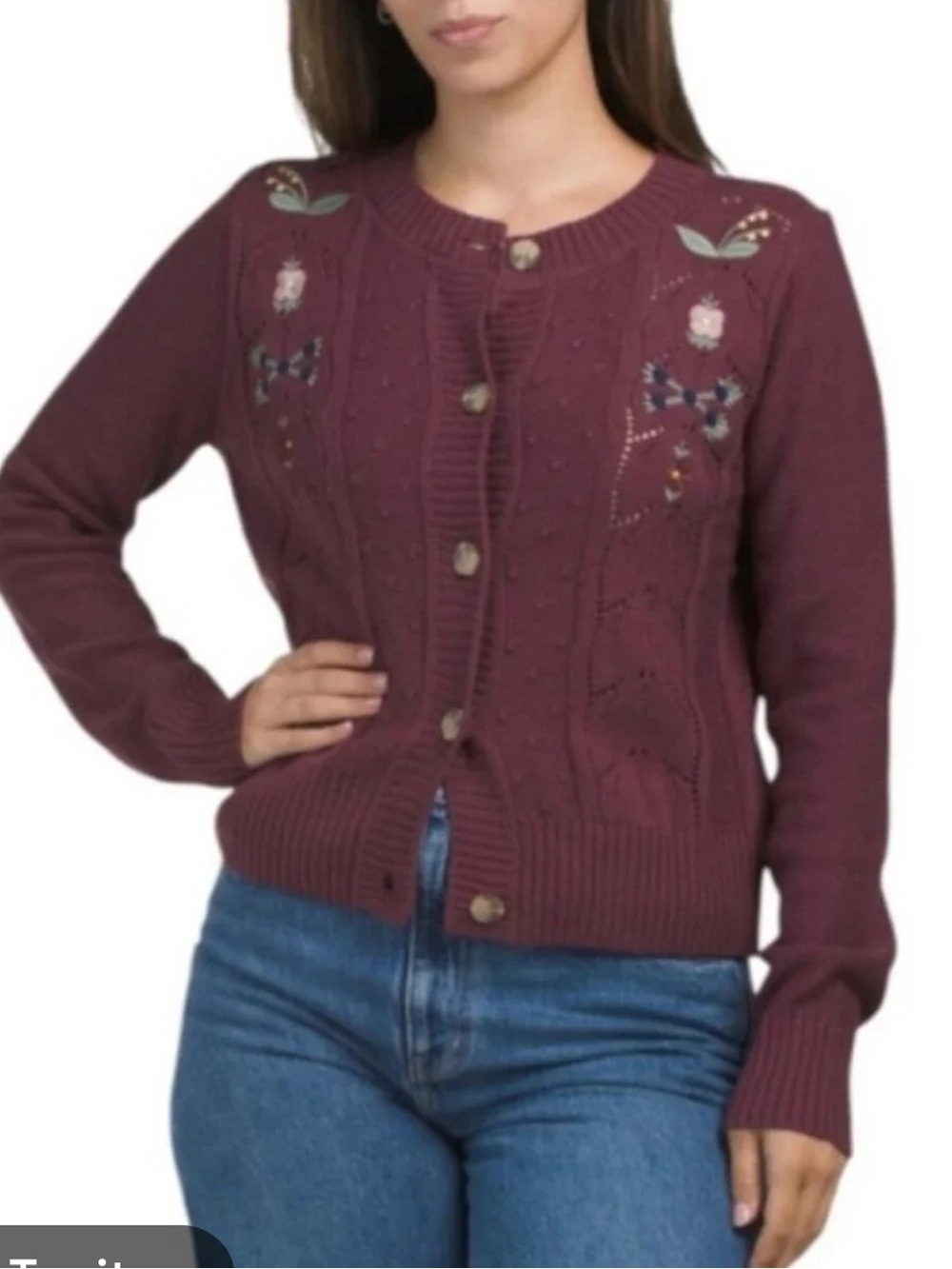 Lucky Brand NWT wine color pointelle embroidered floral knit cardigan